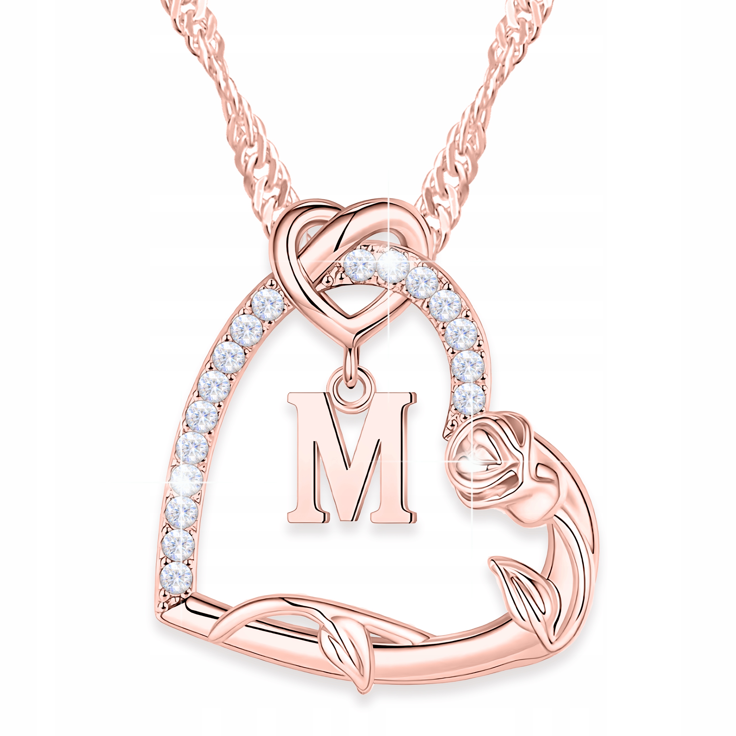 Náhrdelník Srdce Písmeno Stříbro 925 Růže s zirkony Písmeno M Pozlacené 750