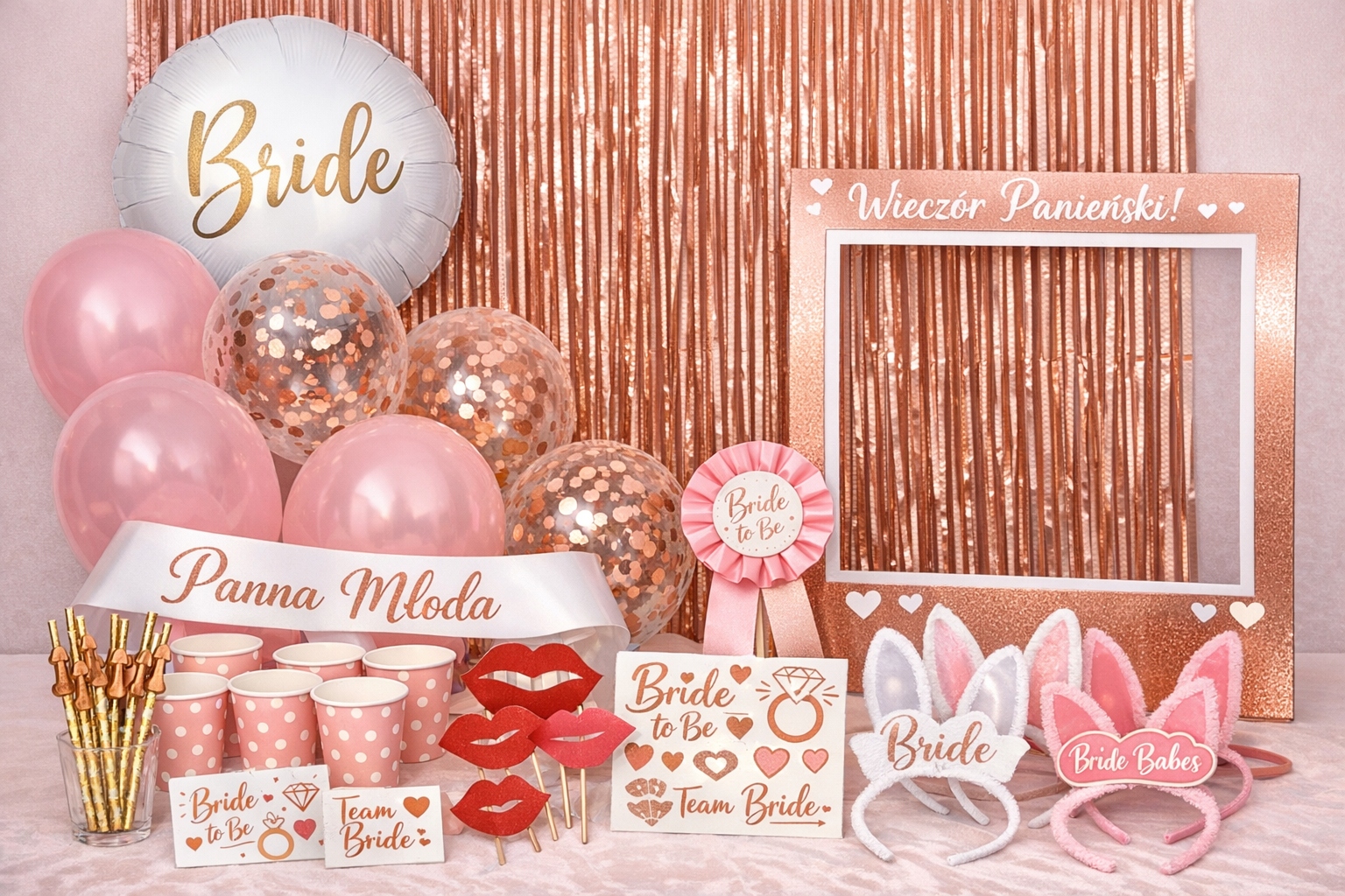 Sada Rozlučka Se Svobodou Rose Gold Luxury Dekorace pro 12 osob Fotobudka