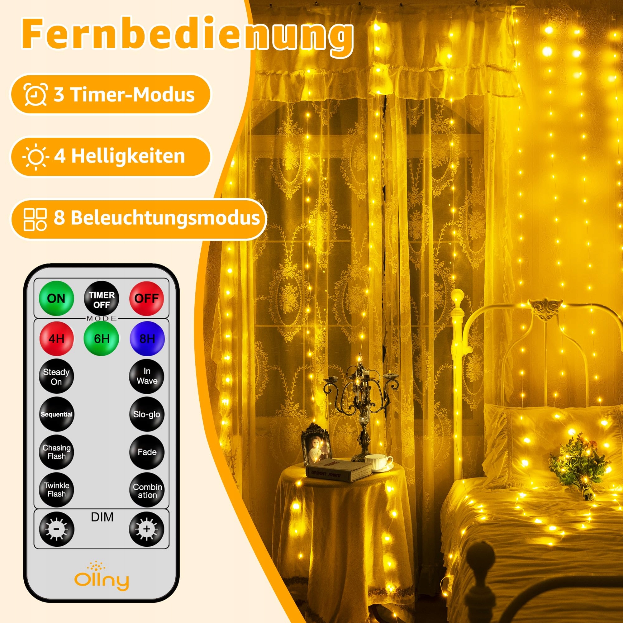 OLLNY Zasłona Girlanda Kurtyna Świetlna Lampki Dekoracyjne 3x3m 300 LED — miniatura 5