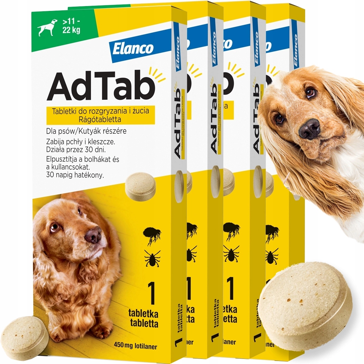 4 x Tabletka Ad tab dla Psa do 22 kg Kleszcze pasożyty Pchły na 120 dni