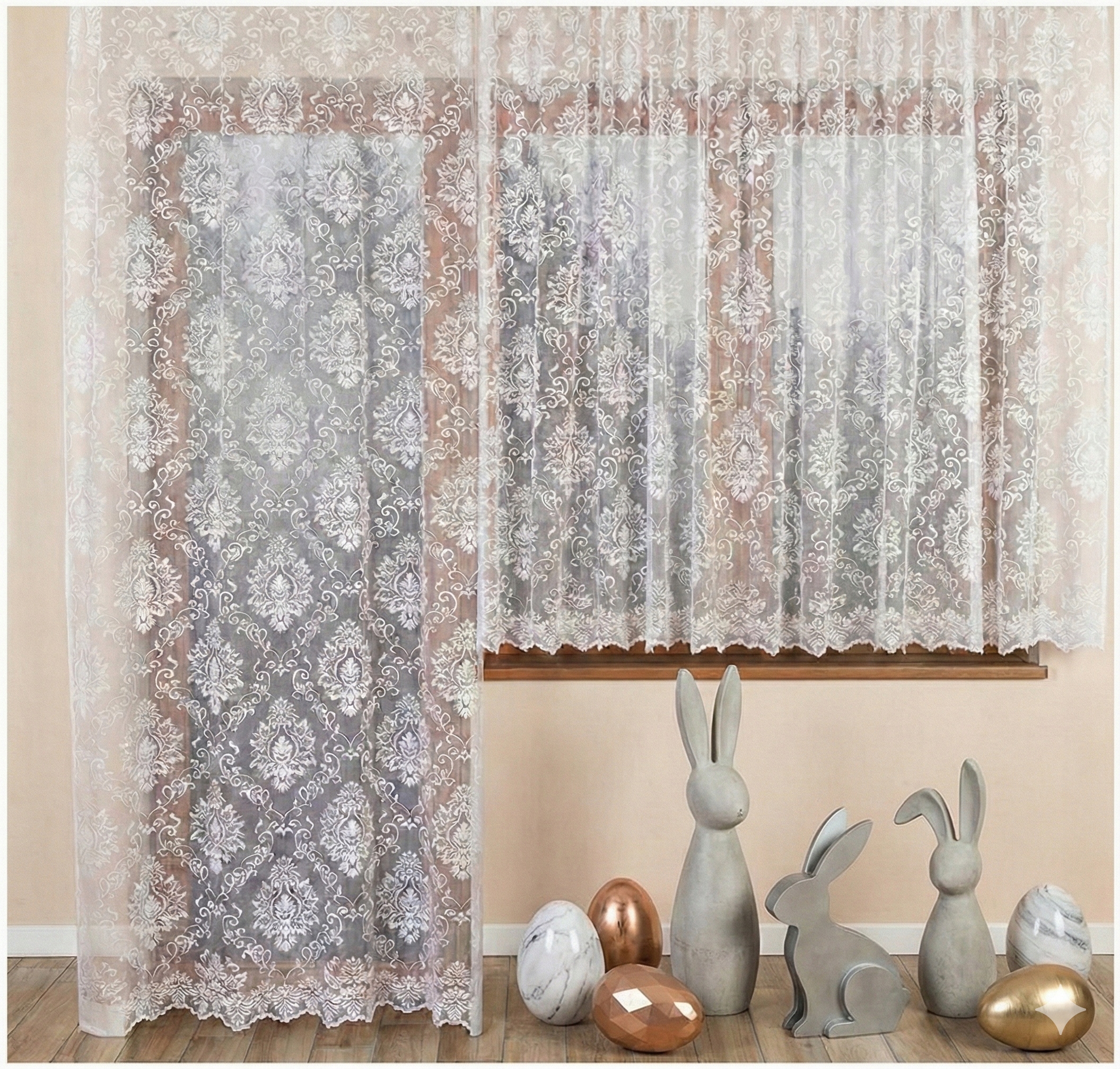 Balkonový komplet žakárových záclon s ornamentem, sněhově bílá elegance