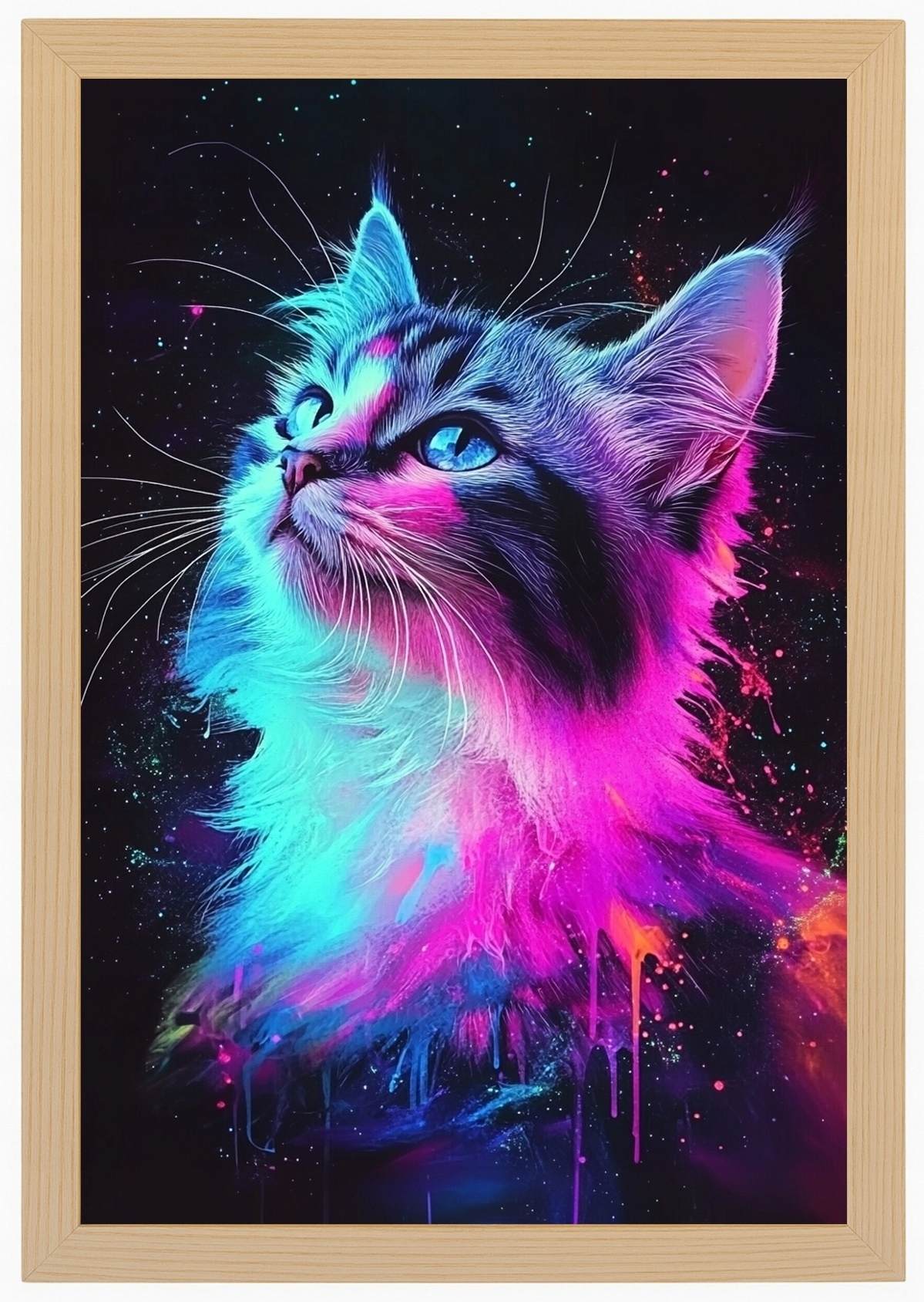 Plakát Rámeček Dřevěný Portrét Zvíře Kočka Neonové Světlo Moderní Umění 40x60