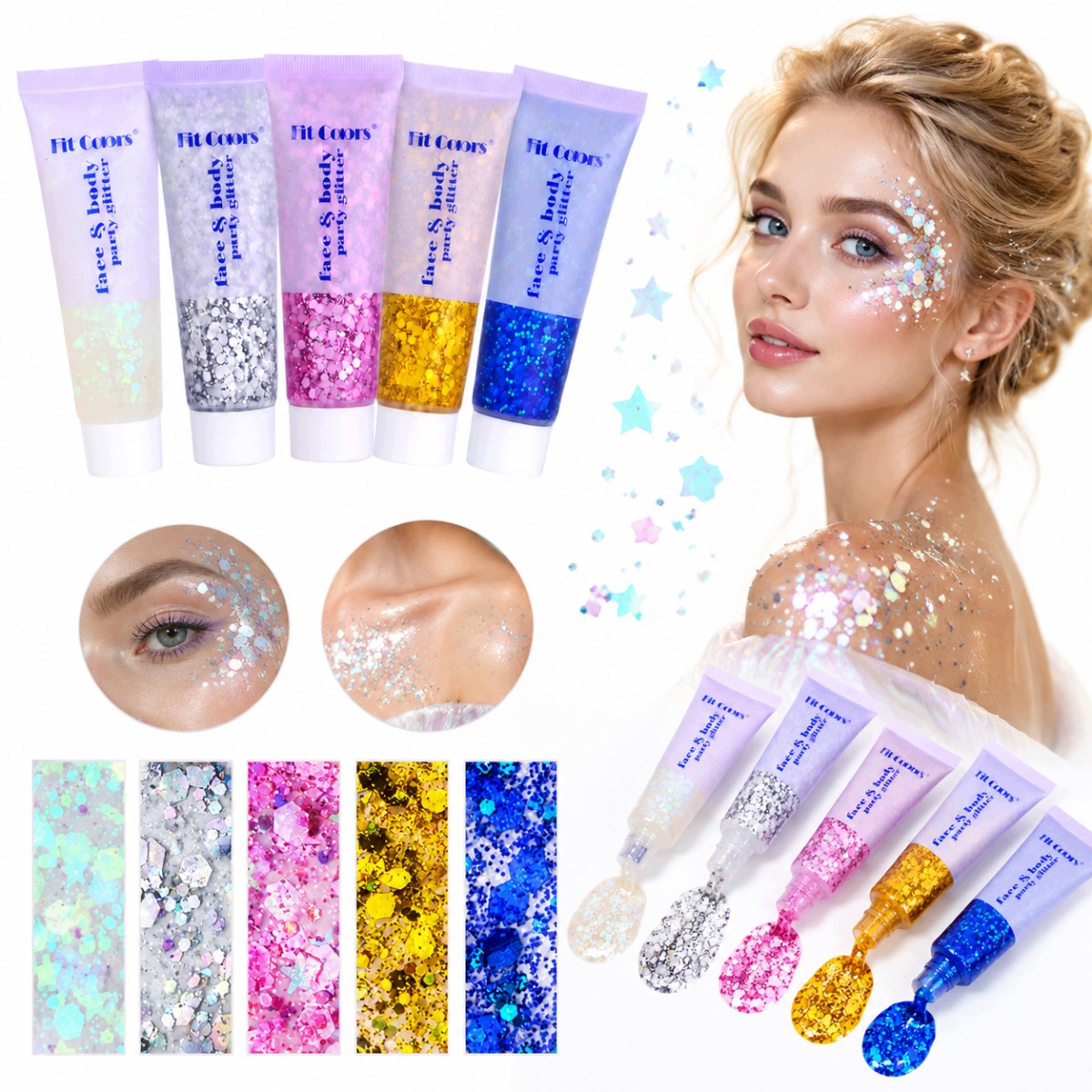 5 Sada Gel s brokátovým hologramem na obličej pro plesy a oslavy 50 ml