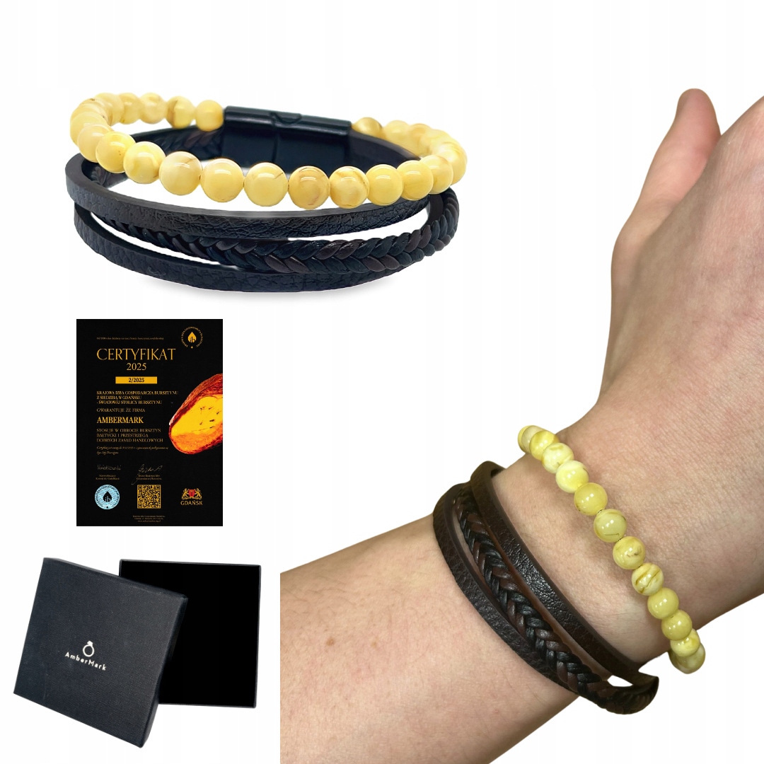 Pánský kožený náramek s jantarem na magnet Kulka mléčná kůže Film