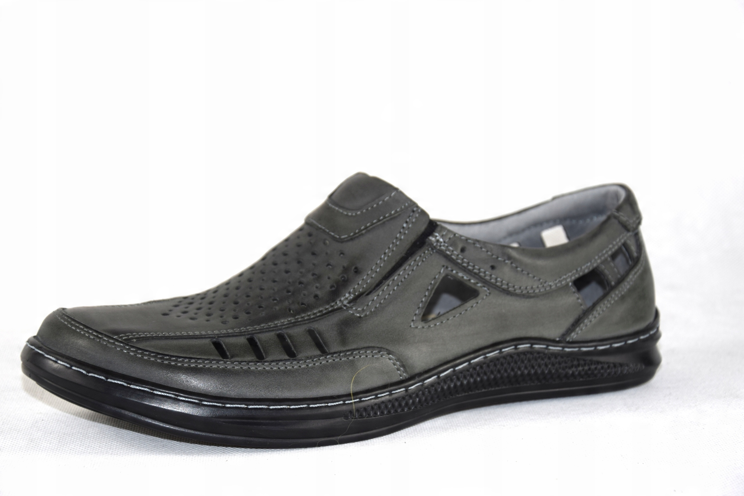 

Buty letnie szyte mokasyny szare skórzane 117