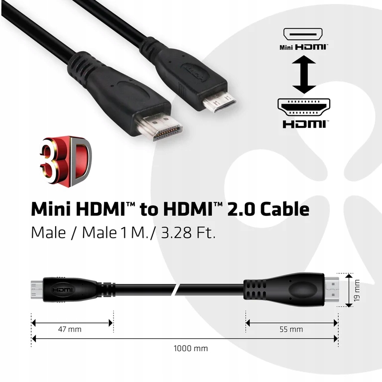 CLUB3D Mini HDMI to HDMI 2.0 4K60Hz Cable 1M / 3.2 Marka Club 3D
