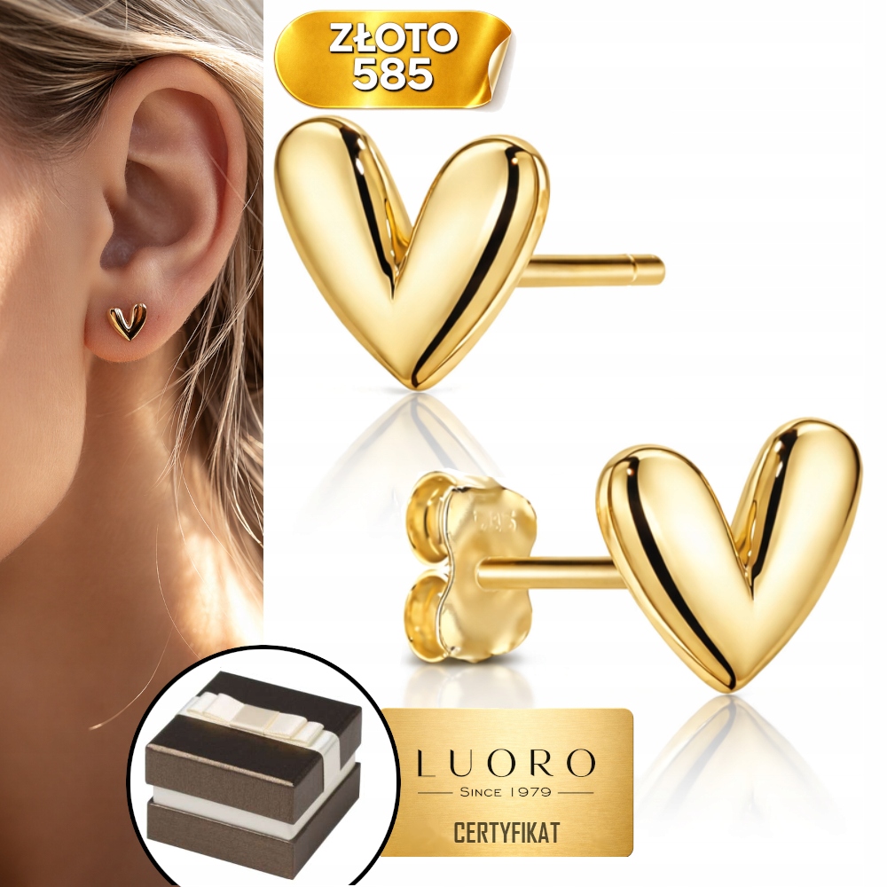 Náušnice Zlaté 585 14K Srdce Finální Tyčinka 8 MM Elegantní