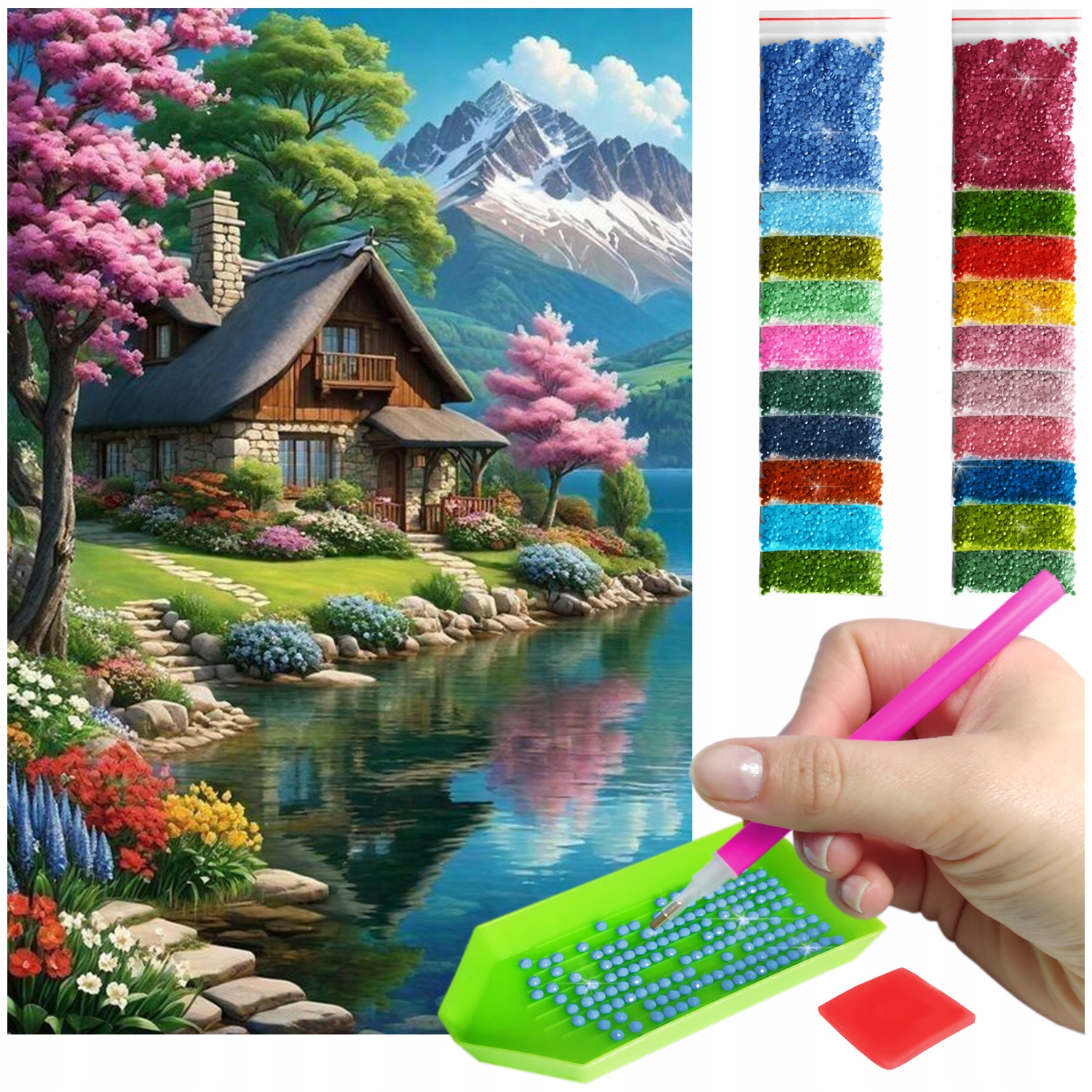 Výšivka Diamond Painting mozaika chata nad horským jezerem sada