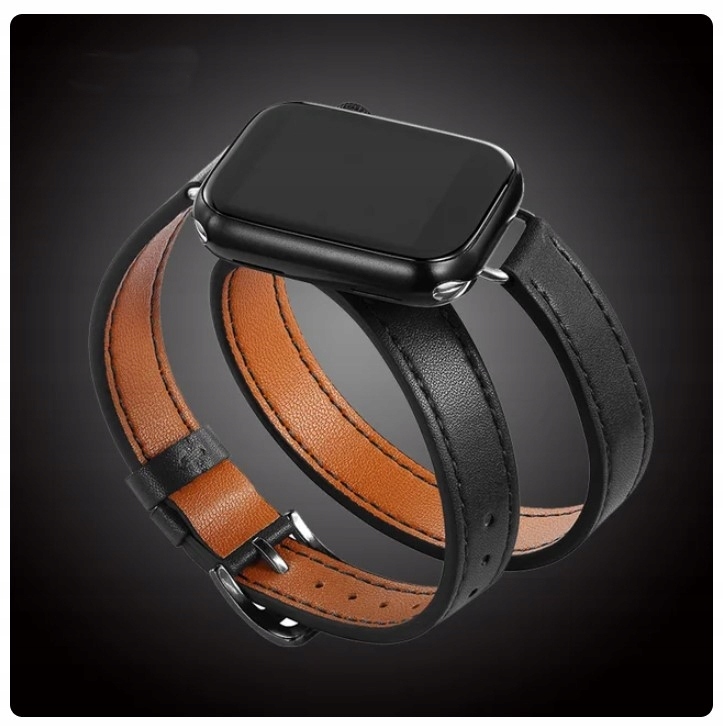 Damski pasek podwójny do iWatcha Apple Watch 42 44 45 49 mm Czarny Skóra