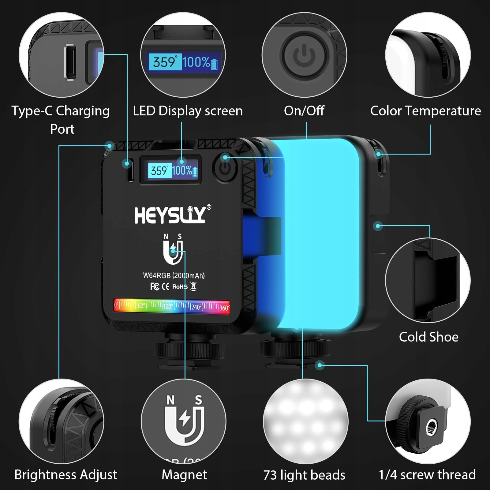 HEYSILY Lampa LED RGB Do Kamery 2500K-9000K Z Akumulatorem 2000mAh — miniatura 8