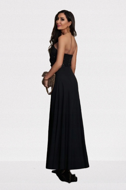 Maxi korzetové šaty s odnímatelnými ramínky, černé flitrované vel. 38