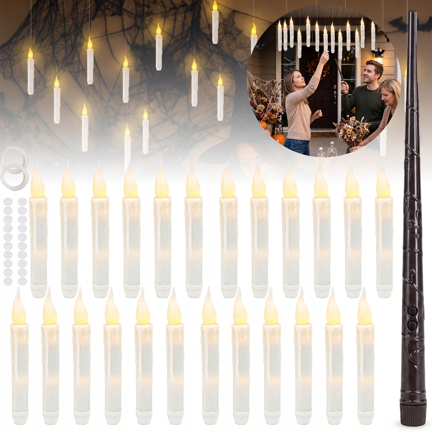 Plovoucí Led Svíčky S Hůlkou, Závěsné Okenní Svíčky Na Halloween 24 Ks