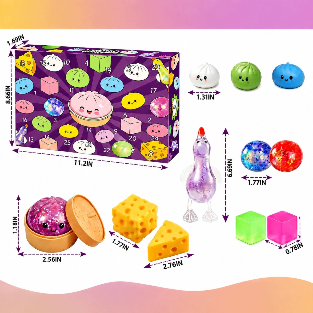 Адвент-календарь Mystery Dumpling, 24 разноцветные мялки-фигурки Squishy — фото 4