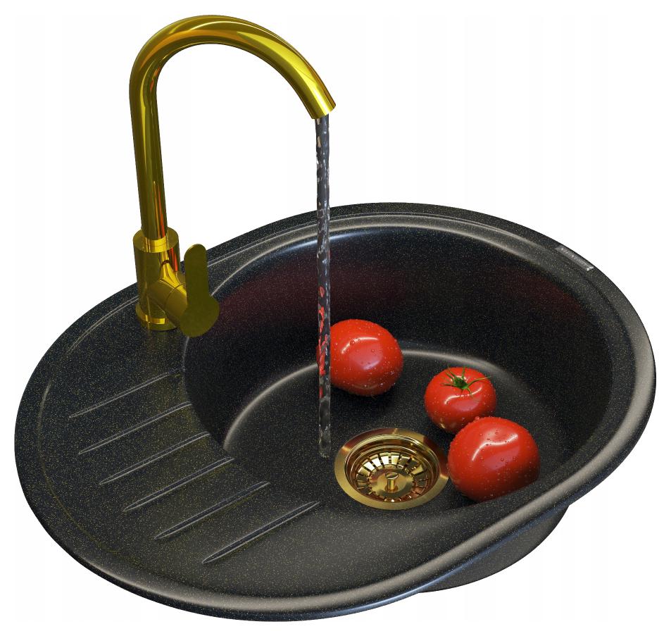 Granitový Drez Ovalný Zlatý Gold Luxor Sada Drez Batéria Sifón