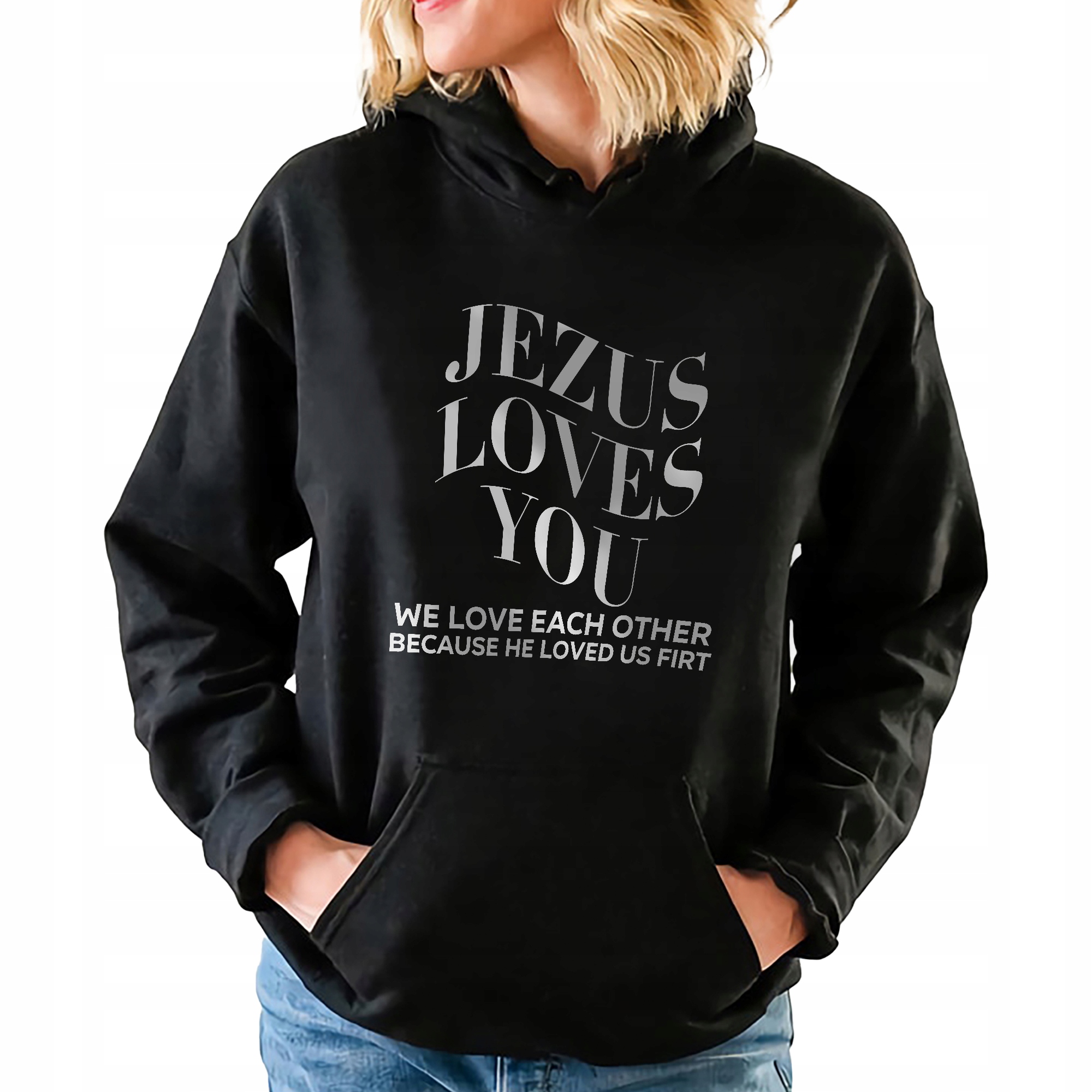 Černá mikina s kapucí Ježíš Miluje Tě Zábavné Vzory Vel XL