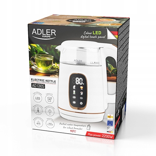 Czajnik Elektryczny 2200W Szklany Biały Regulacja LED Mocny Adler 1305 1,7L