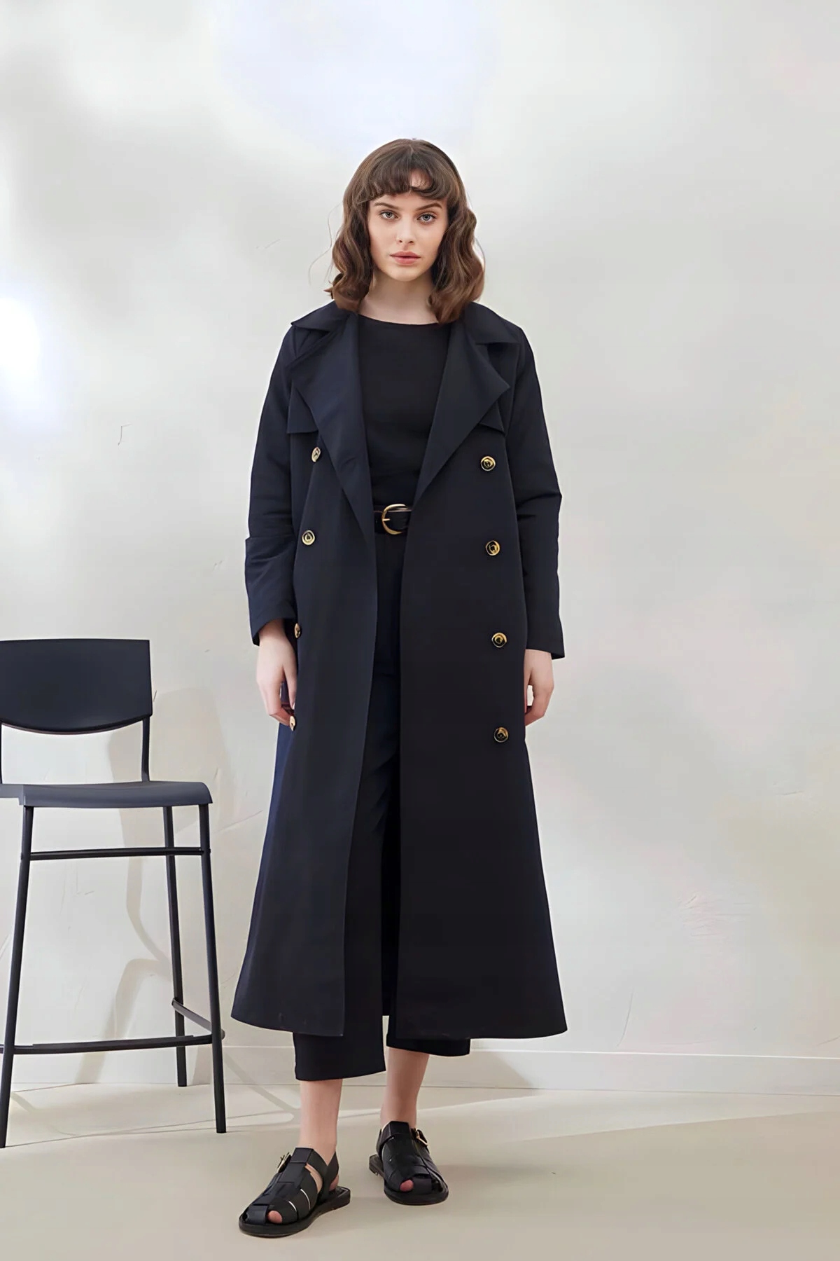 Dlouhý Černý Dvouřadý Kabát S Klopami, Elegantní, Klasický XL 5GA