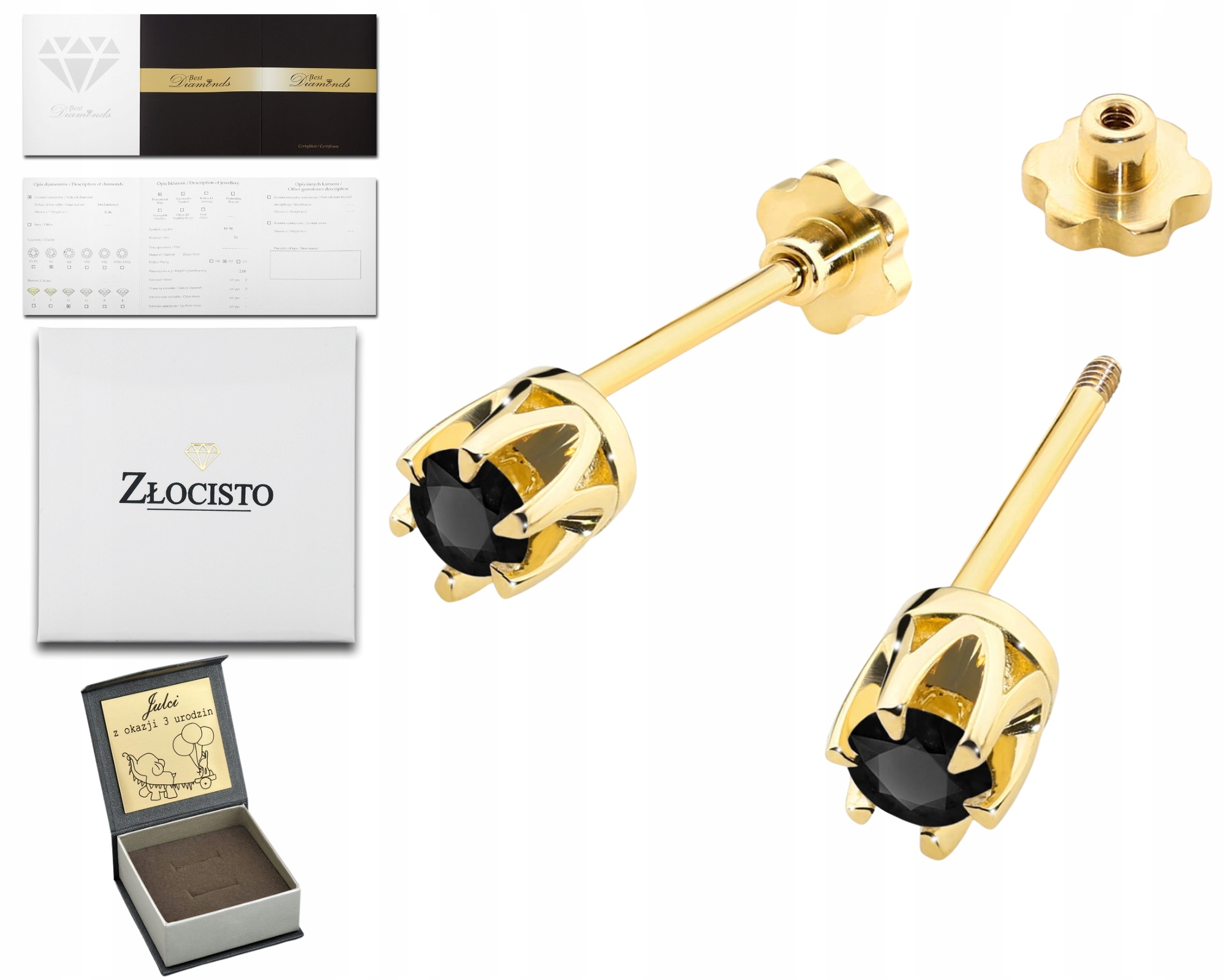 Zlaté Náušnice S Černými Brilianty Puzetové Šroubovací Zlato 585