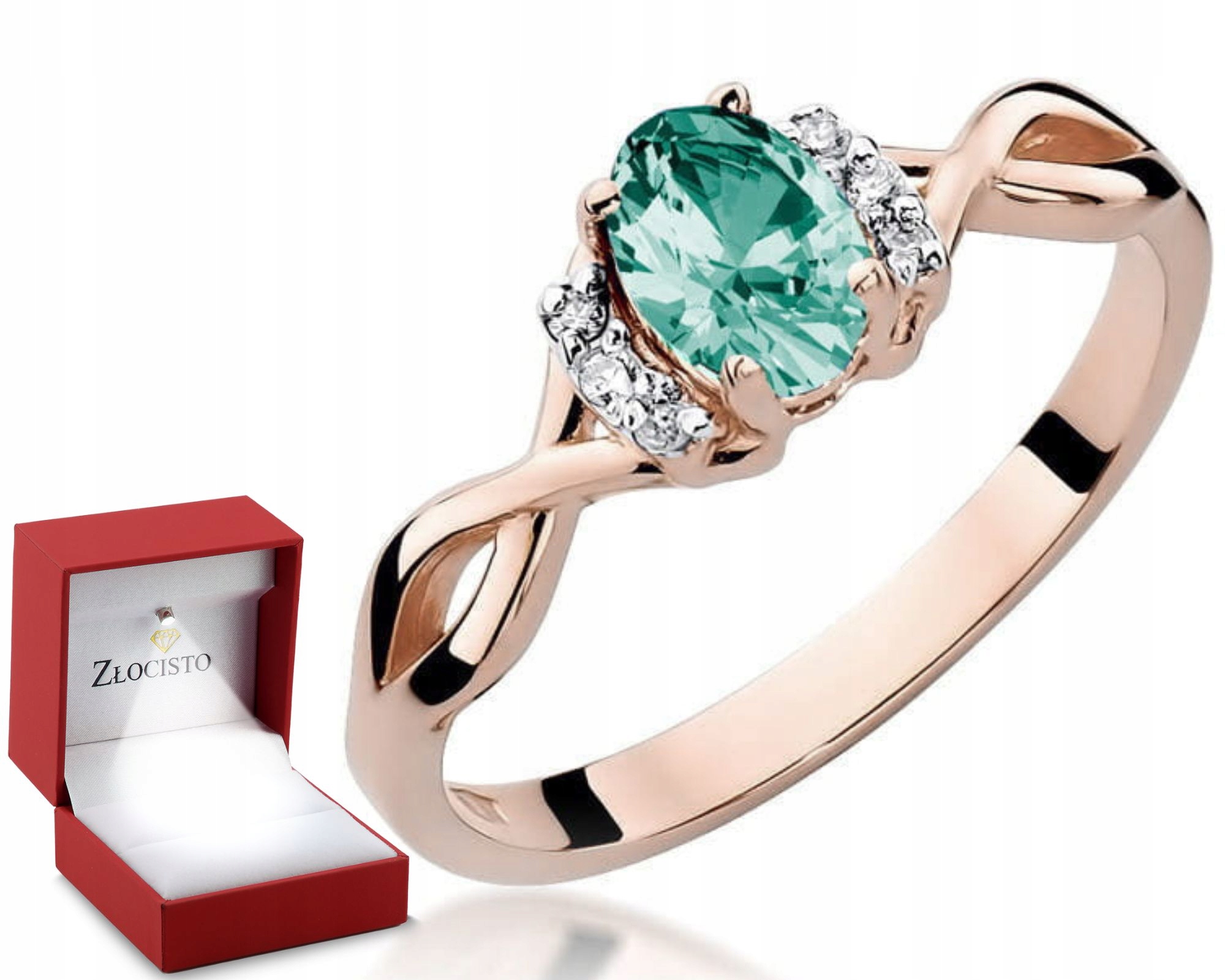 Růžové Zlato Prstýnek Smaragd Diamanty 585 Gravírování Dárek