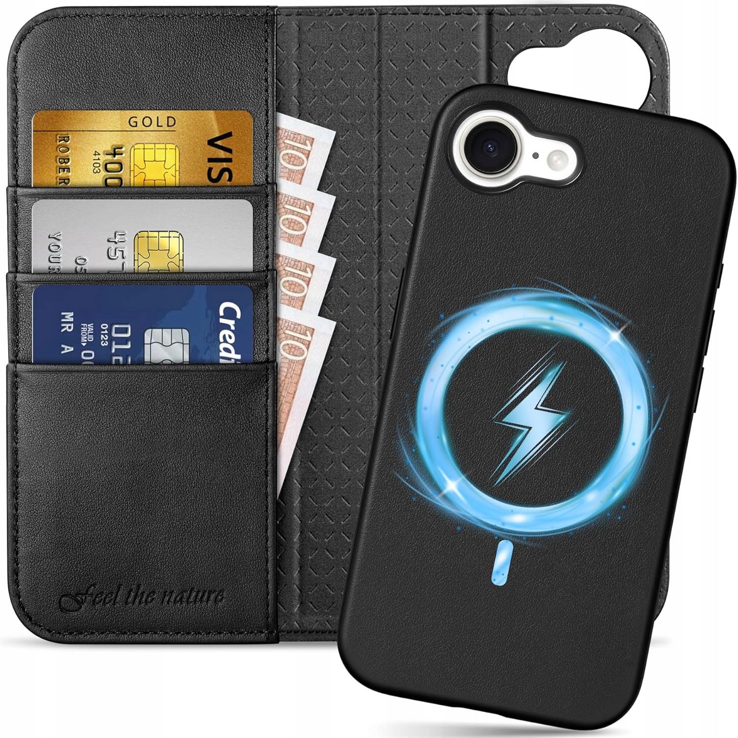 Shieldon naturalne etui skórzane do iPhone 16e 17e portfel 2w1 Rfid czarny