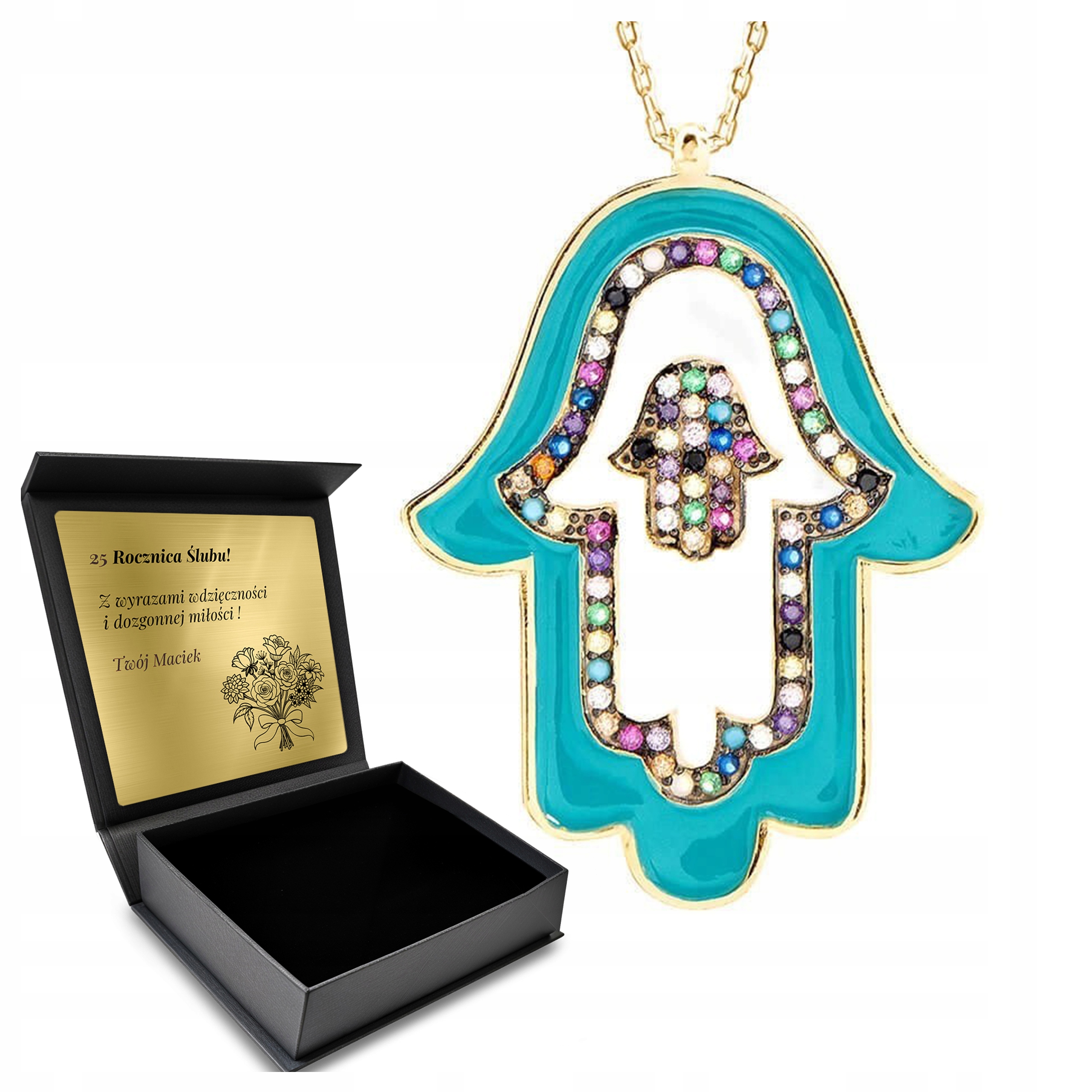 Stříbrný Pozlacený Náhrdelník Hamsa Barevné Zirkony Turecký Talisman Gravírování