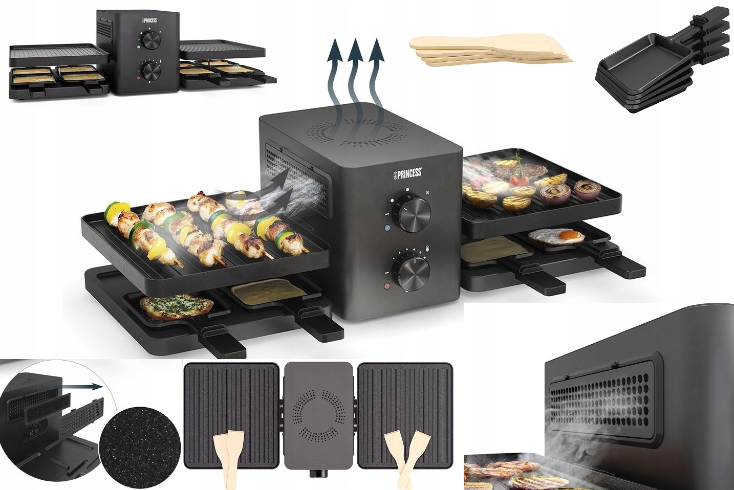 Dvoustranná Raclette s Okapem elektrický gril Termostat 1500 W pro 8 osob