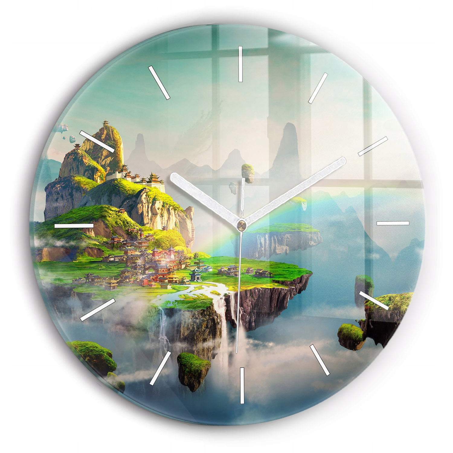 Moderní skleněný nástěnný hodinový stroj s grafikou čínské fantasy, kulatý, průměr 30 cm