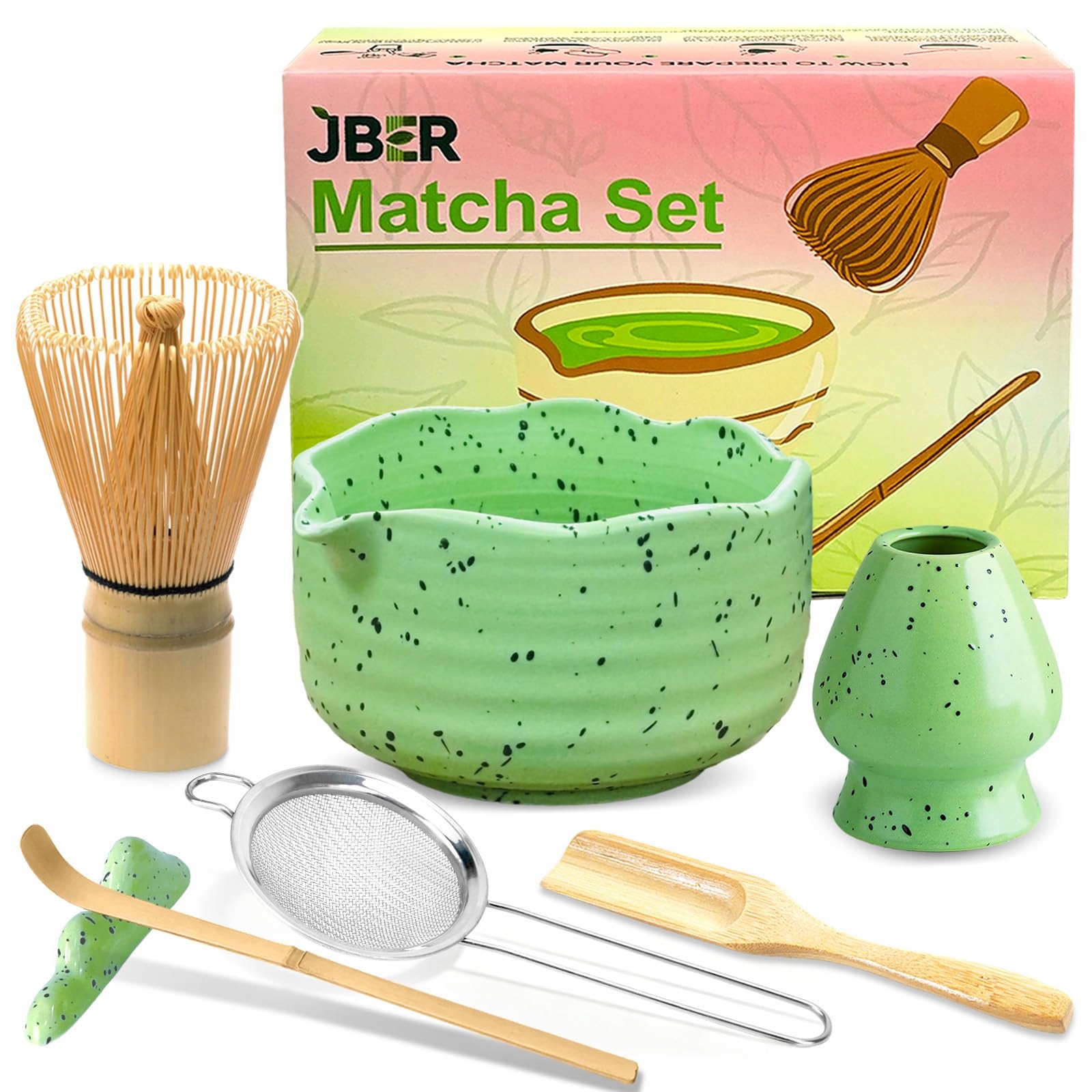 Sada pro Matcha 7 prvků Jber Bambusová metla a nádobí Zelená
