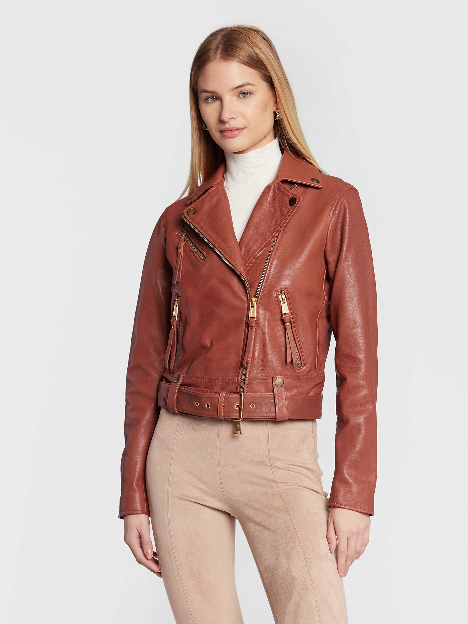 Guess Kurtka skórzana Camille W2YL16 L0QN0 Brązowy Slim Fit