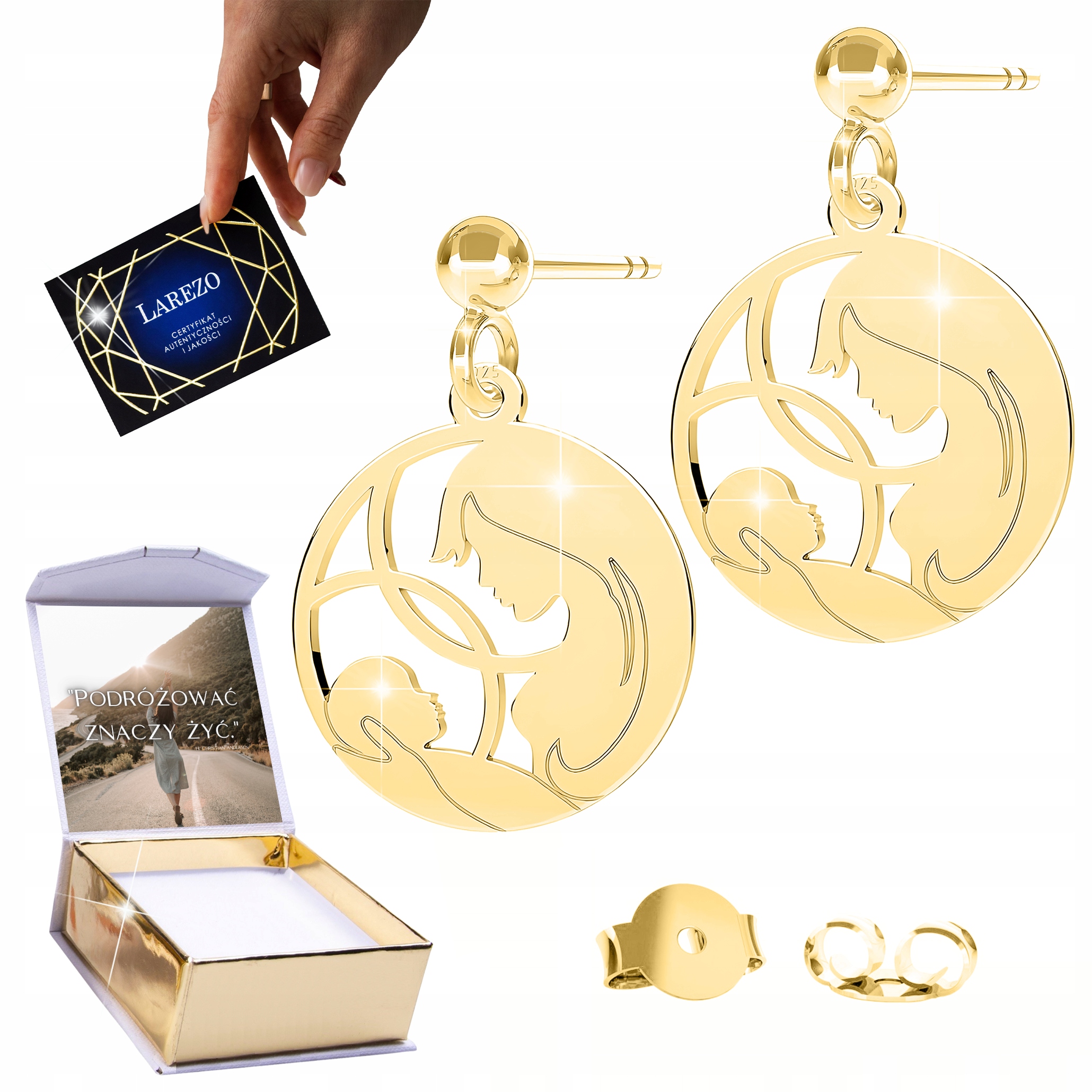 Zlaté Náušnice 925 Šroubky Maminka Matka s dítětem Kulatý plech Potisk