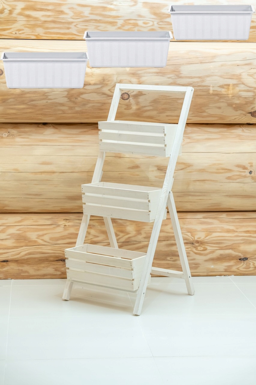 Kwietnik stojak drewniany rozkładany biały na kwiaty 3 skrzynki 3 wkłady