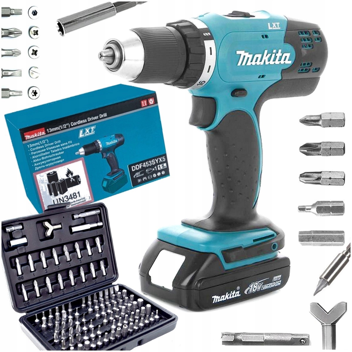 Makita Wiertarko Wkrętarka Gotowy Zestaw 18v 1x aku 1,5 Ah Torx Bity 100 El
