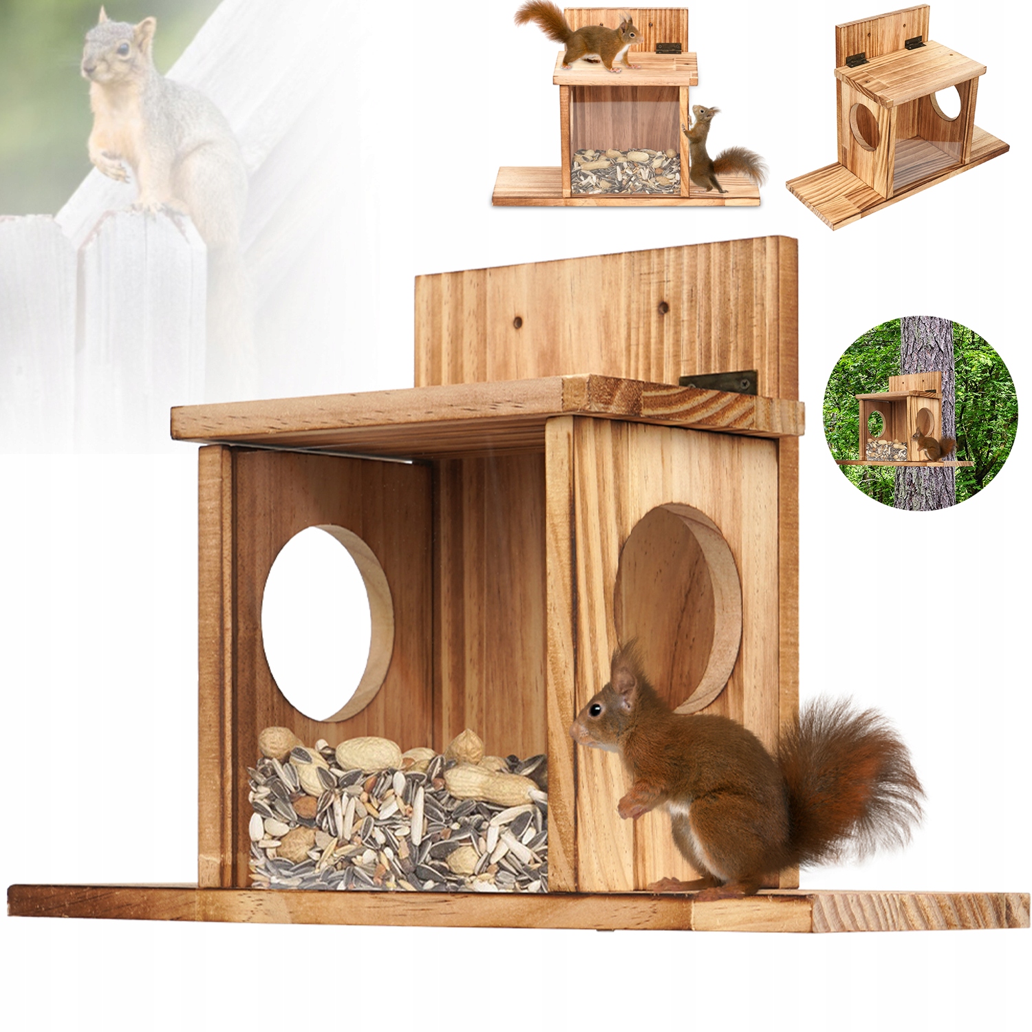 Levně Dřevěné Krmítko Pro Veverky S Plošinou Na Krmení A Krytem Zahrady