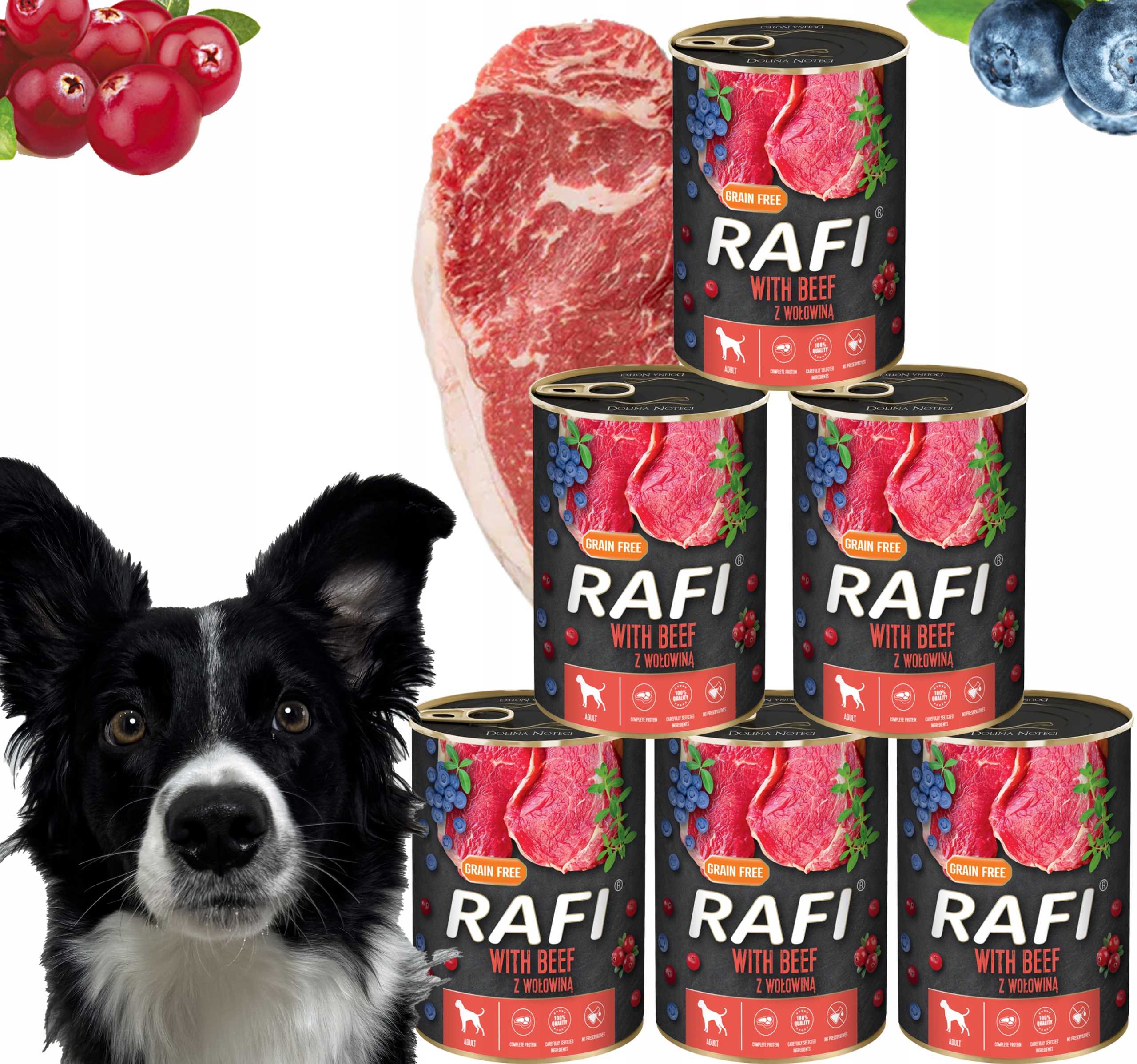 Krmivo pro psy Rafi s hovězím masem, borůvkou a brusinkami 400 g 6 ks