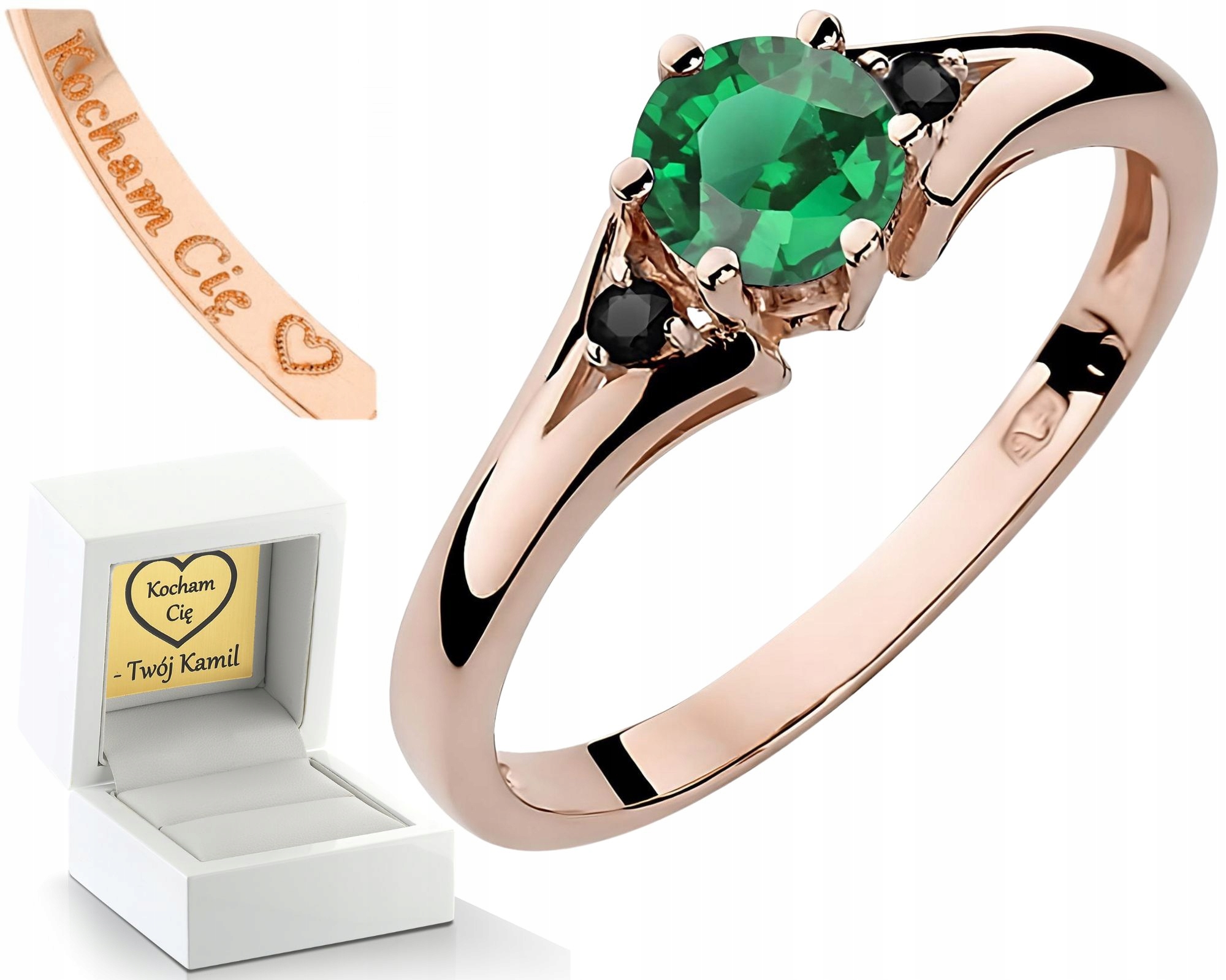 Růžový Zlatý Prstýnek Se Smaragdem A Diamanty Jako Dárek 585