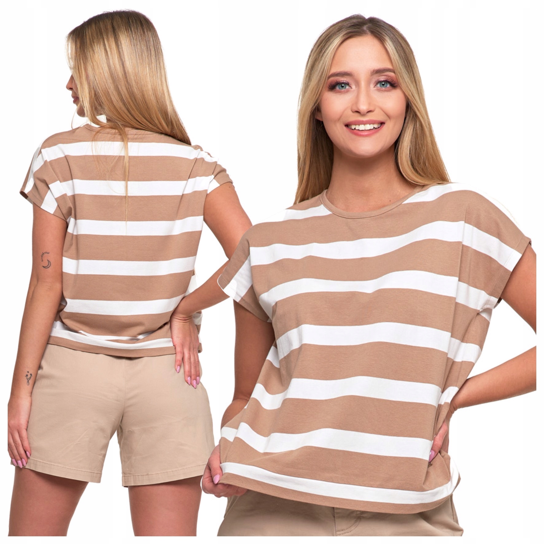 KOSZULKA DAMSKA W PASKI BAWEŁNIANA LUŹNY KOBIECY T-SHIRT BEŻ BIAŁY MORAJ L