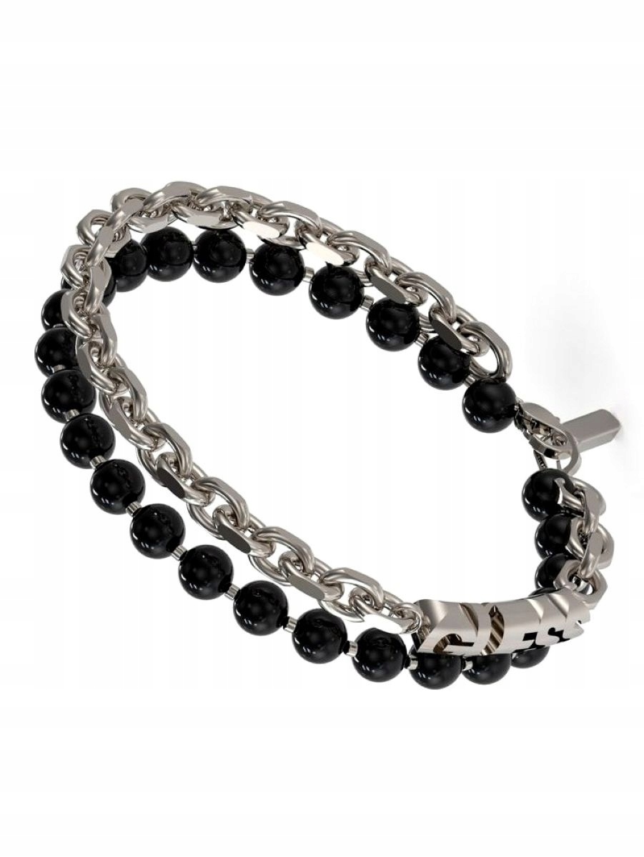 Černo-stříbrný pánský náramek Guess Edgy Styles řetěz korálky onyx J