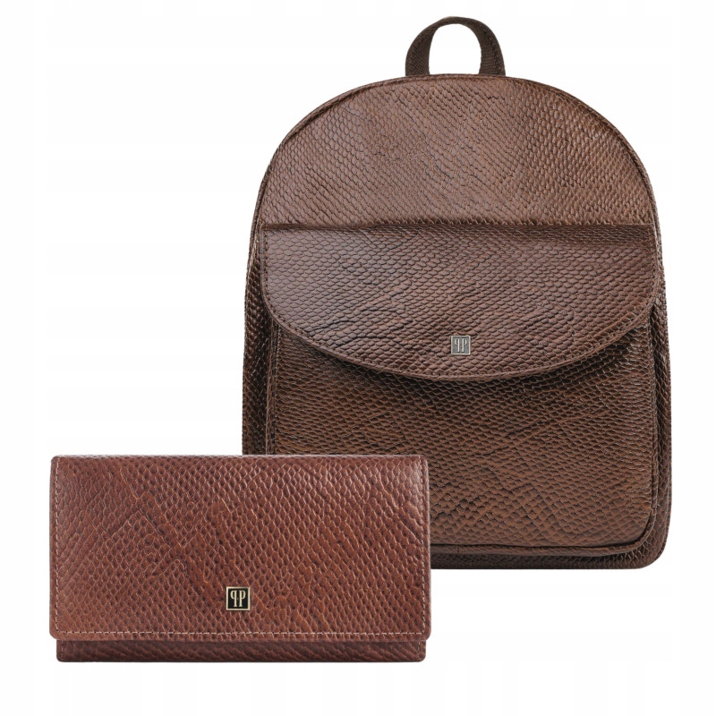 Dámská kožená peněženka a batoh dámský městský hnědý dárková sada