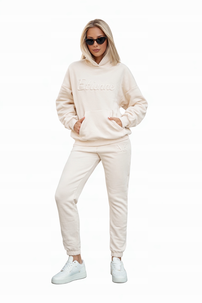 Teplákovka bavlna komplet mikina s kapucí kalhoty se stahovací šňůrkou světle béžová 42