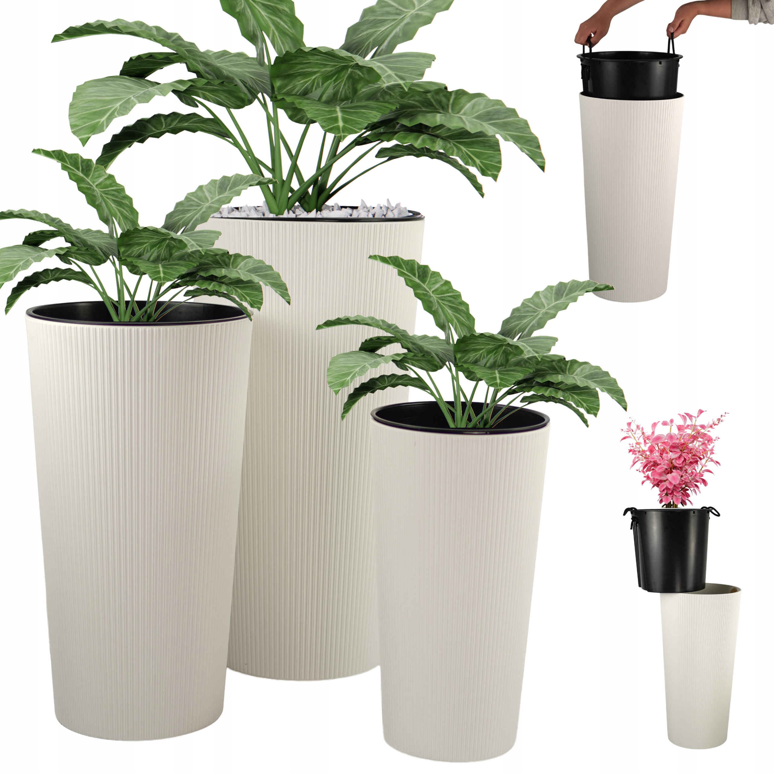 Zestaw 3szt Doniczka Donica Ogrodowa Wkład Wysoka Duża Beżowa 37+47+57 cm