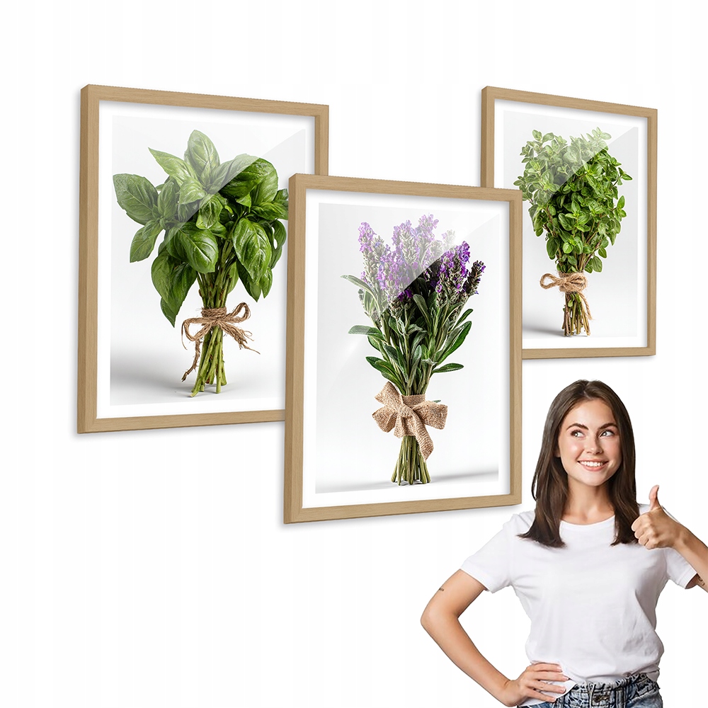 Sada 3 obrazů vzor Rostliny Bylinky dřevěný rámeček 40x50 triptych do kuchyně