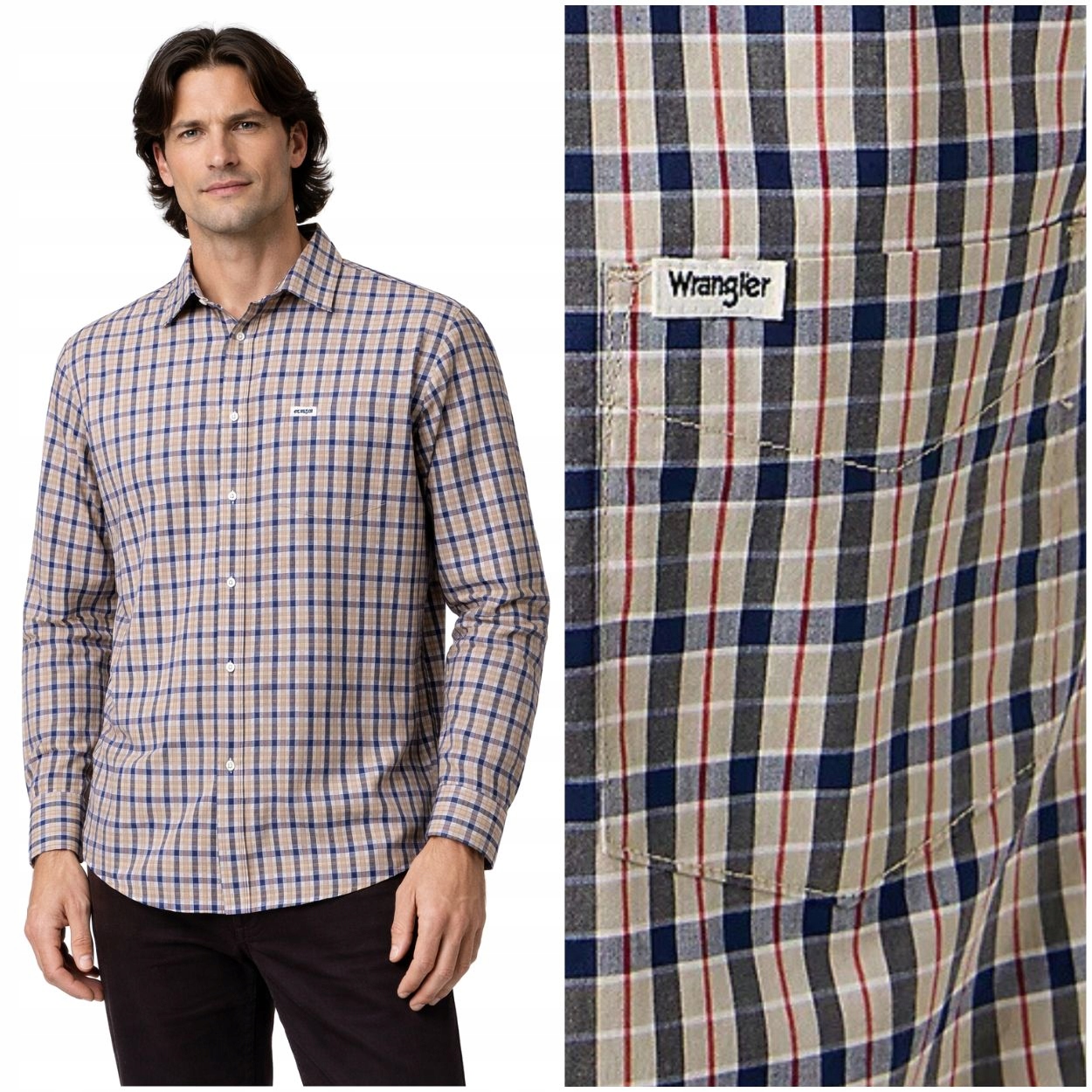 Wrangler 1 Pkt Shirt Beige klasická pánská kostkovaná bavlněná košile L