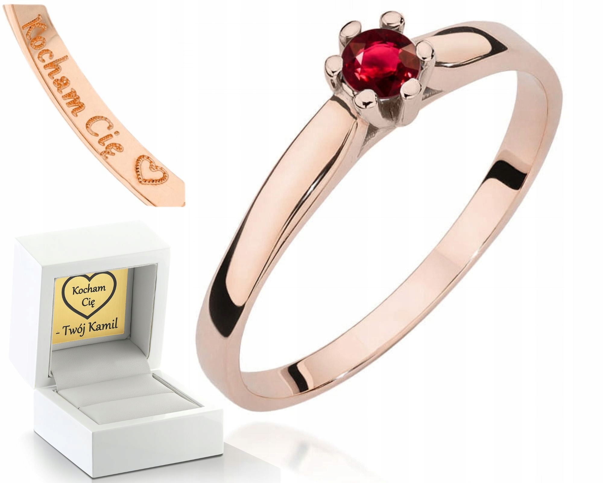 Růžové Zlato Prstýnek Pro Zásnuby Rubín Gravírování 585 Bonus Dárek