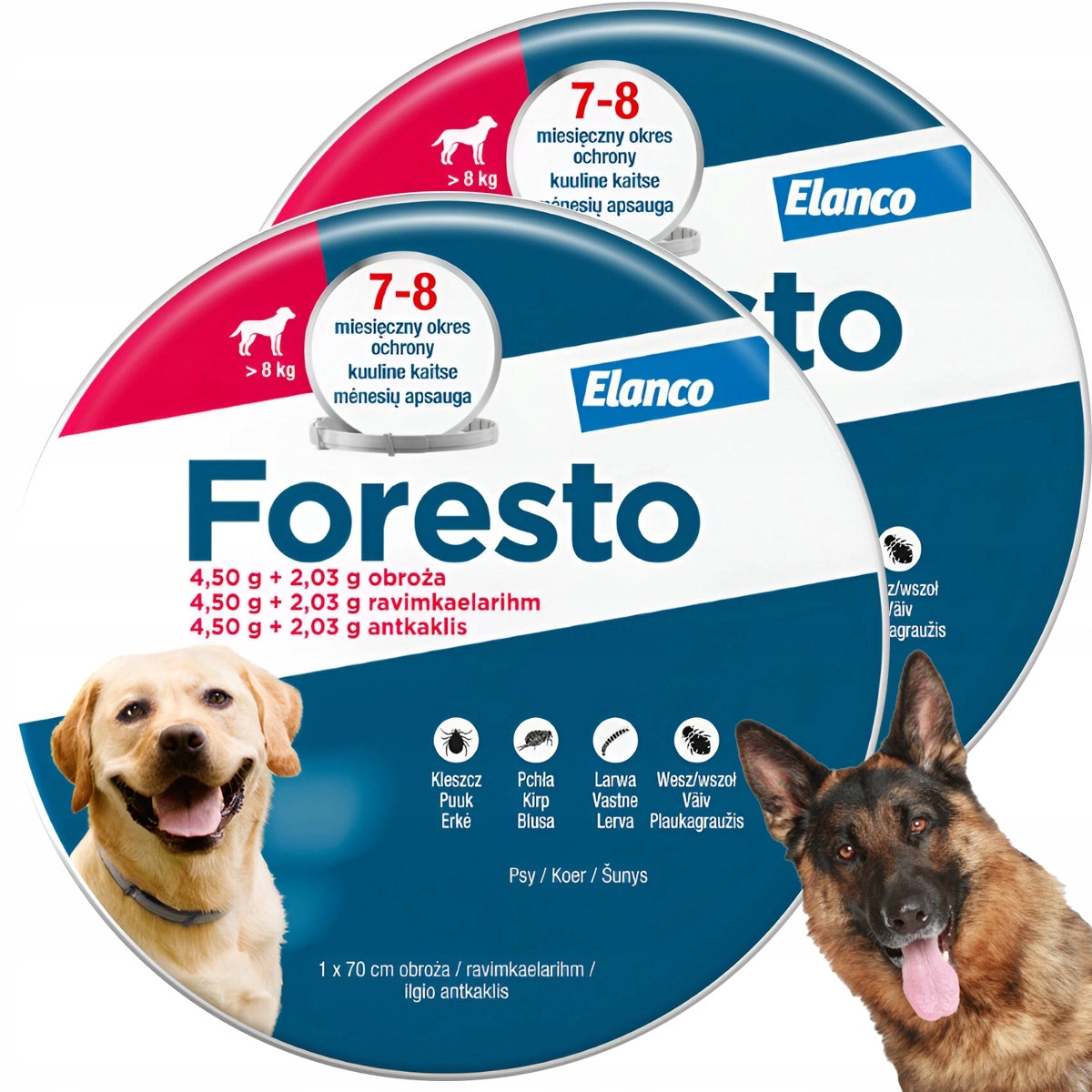 2 x Foresto dla Psa powyżej 8 Kg na Pchły Kleszcze Pasożyty 70 cm