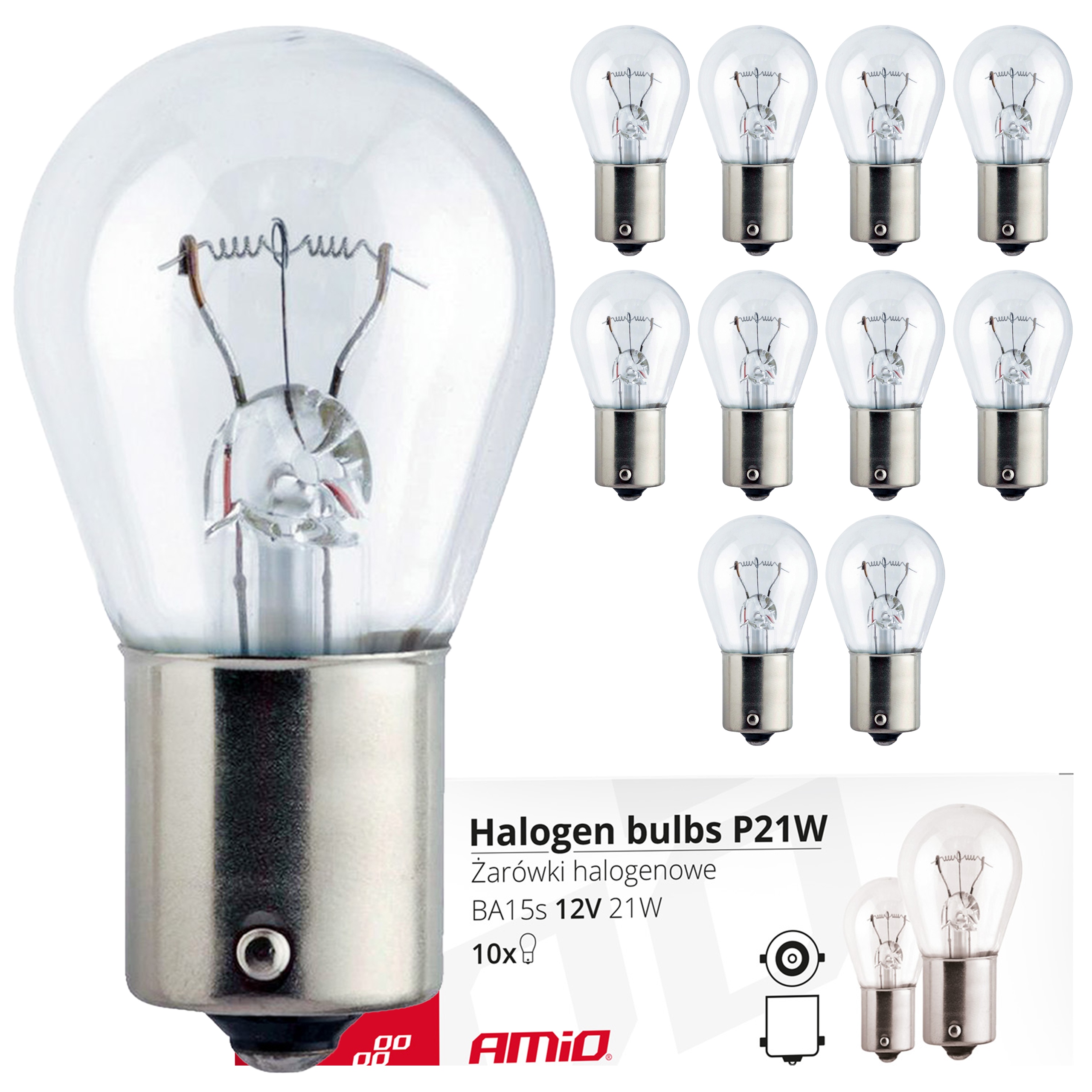 Żarówki halogenowe P21W BA15s 12V 10 szt. Homologacja E8 Amio 01491