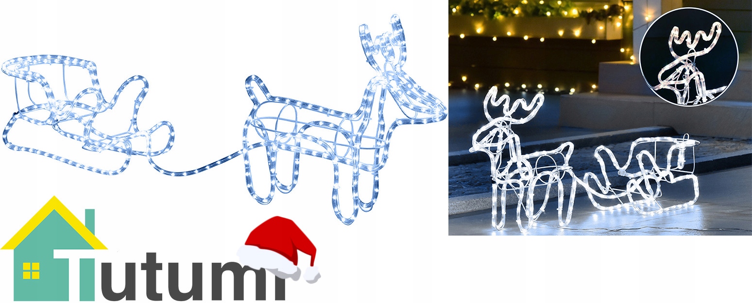RENIFER Z SANIAMI LED LAMPKI ŚWIĄTECZNA OZDOBA DO DOMU OGRODU Długość 26 cm