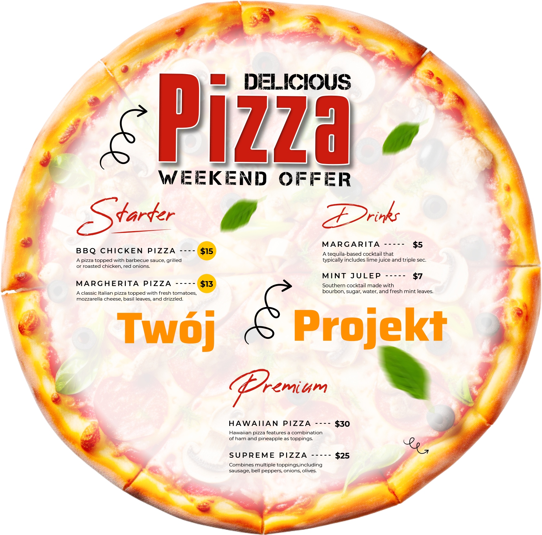 Pizza menu - Kształt pizzy - 30cm - 4szt - TWÓJ PROJEKT