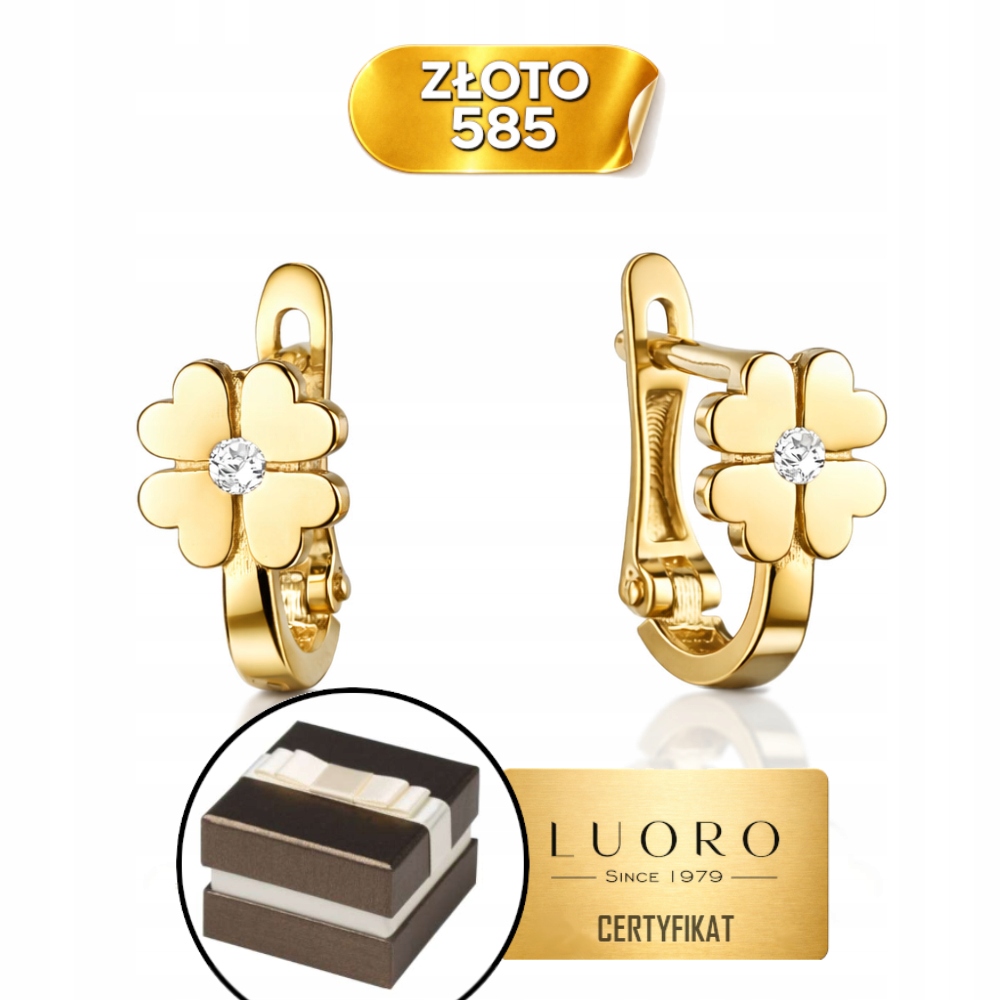 Náušnice Zlaté 585 14K Čtyřlístek Jetel Zirkon Anglické