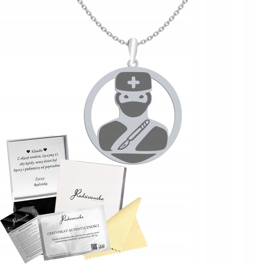 Stříbrný náhrdelník Chirurg 925 Řetízek Dárek Zdravotnická služba Gravírování