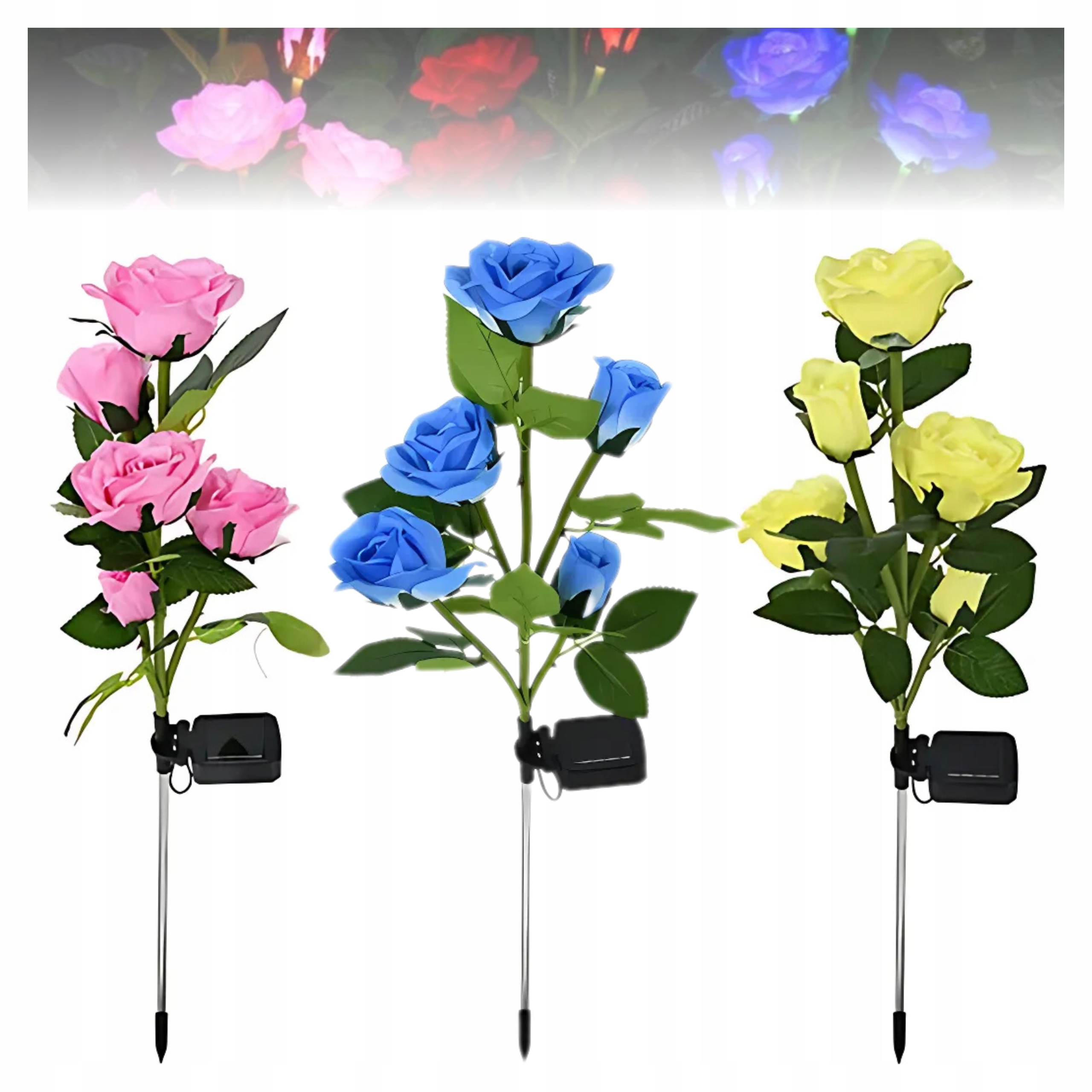 3x Umělá Růže Solární Lampa Zahradní Růže Dekorace Zahrada Led 3 Barvy